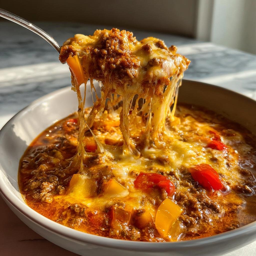 Ein Löffel zieht lange Fäden geschmolzenen Käses aus einer Schüssel Low Carb Pizzasuppe mit Hackfleisch und Paprika.