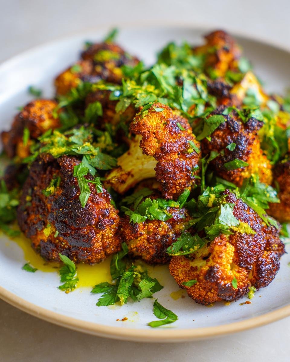 Geröstete Röschen von Marokkanischer Blumenkohl aus dem Backofen, garniert mit viel frischer Petersilie.