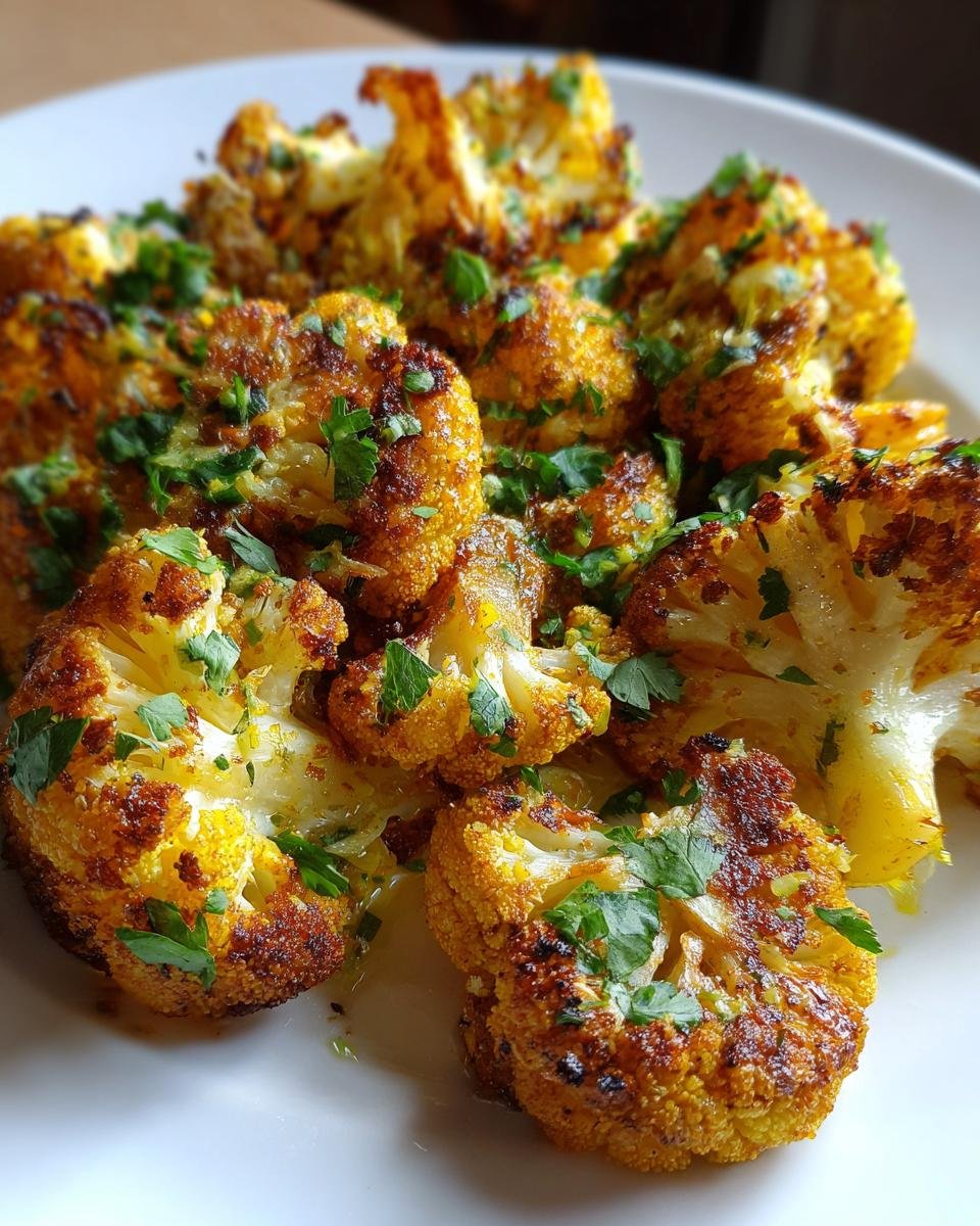 Geröstete Röschen von Marokkanischer Blumenkohl aus dem Backofen, garniert mit frischer Petersilie auf einem weißen Teller.