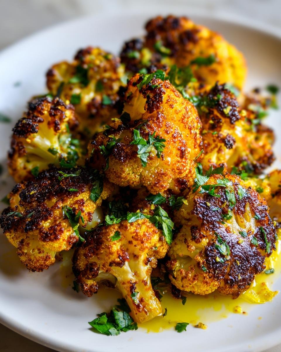 Geröstete Röschen von Marokkanischer Blumenkohl aus dem Backofen, garniert mit frischer Petersilie und Öl.