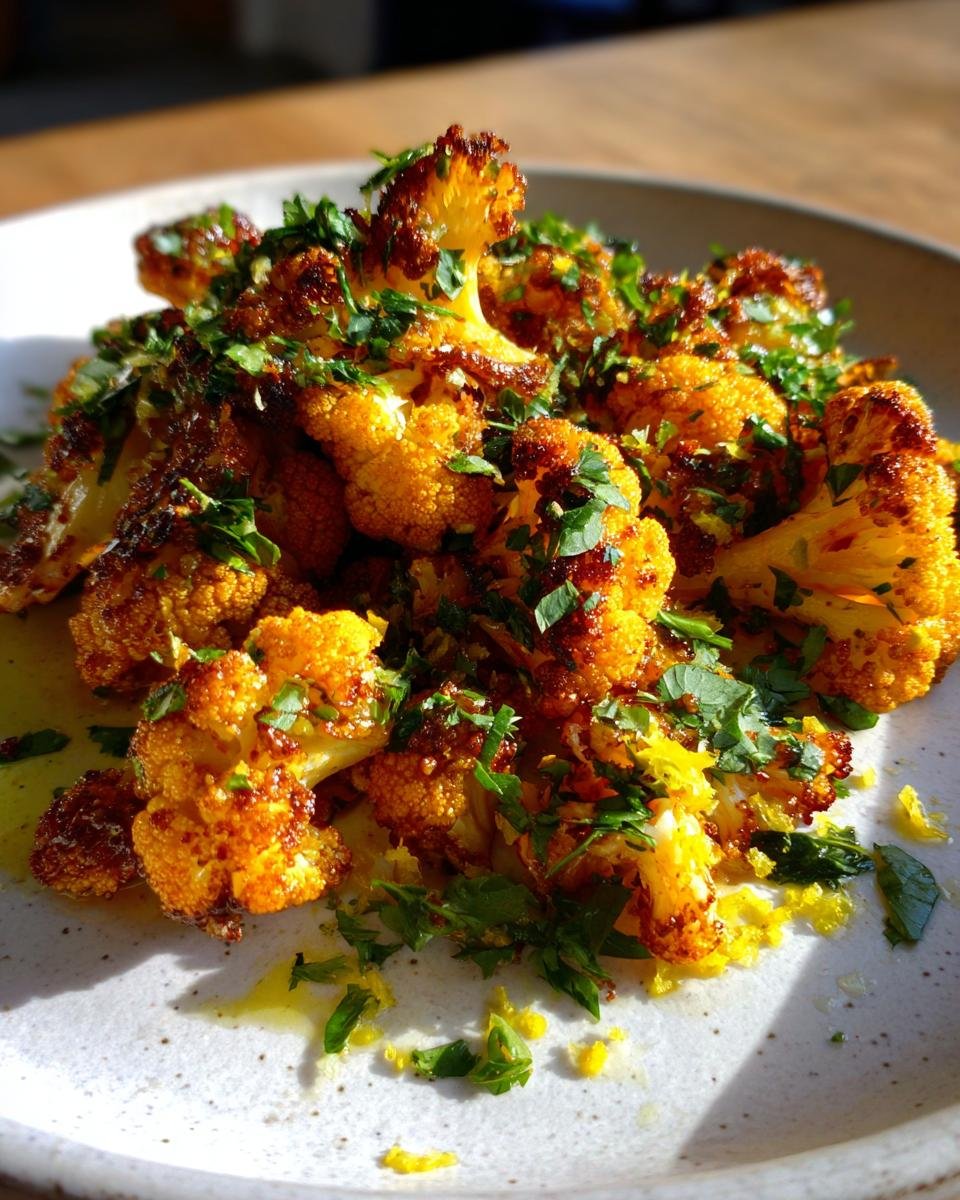 Geröstete Röschen von Marokkanischer Blumenkohl aus dem Backofen, garniert mit frischer Petersilie und Zitronenschale.