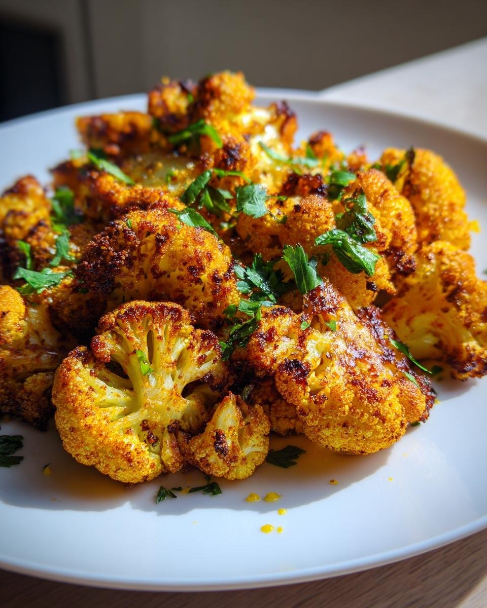 Geröstete Röschen von Marokkanischer Blumenkohl aus dem Backofen, garniert mit frischer Petersilie auf einem weißen Teller.