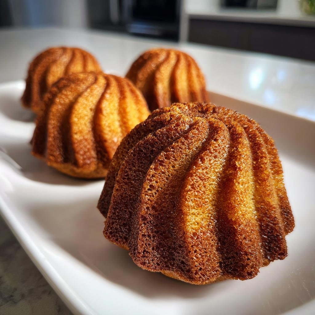 Vier goldbraune Mini-Marmor-Gugelhupfe auf einem weißen Teller, frisch aus der Silikonform gebacken.