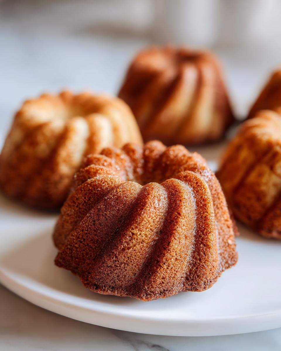 Nahaufnahme von saftigen, goldbraunen Mini-Marmor-Gugelhupfen aus der Silikonform auf einem weißen Teller.