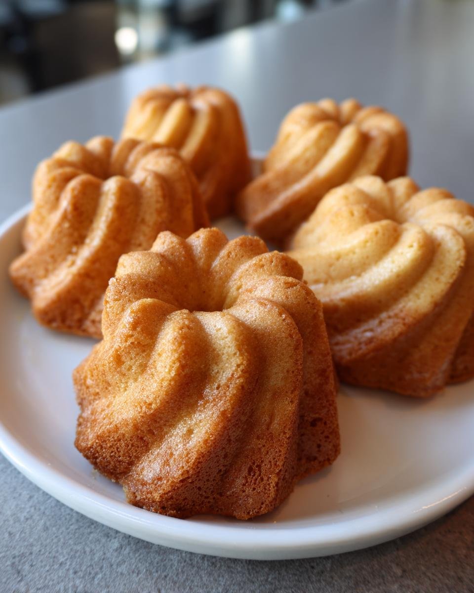 Fünf goldbraune Mini-Marmor-Gugelhupfe aus der Silikonform auf einem weißen Teller.