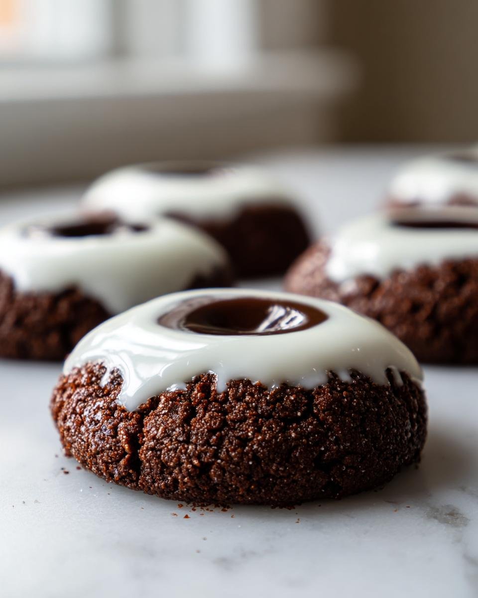 Nahaufnahme eines mürben Schoko-Engelsaugen Plätzchens mit weißer Glasur und dunkler Füllung.