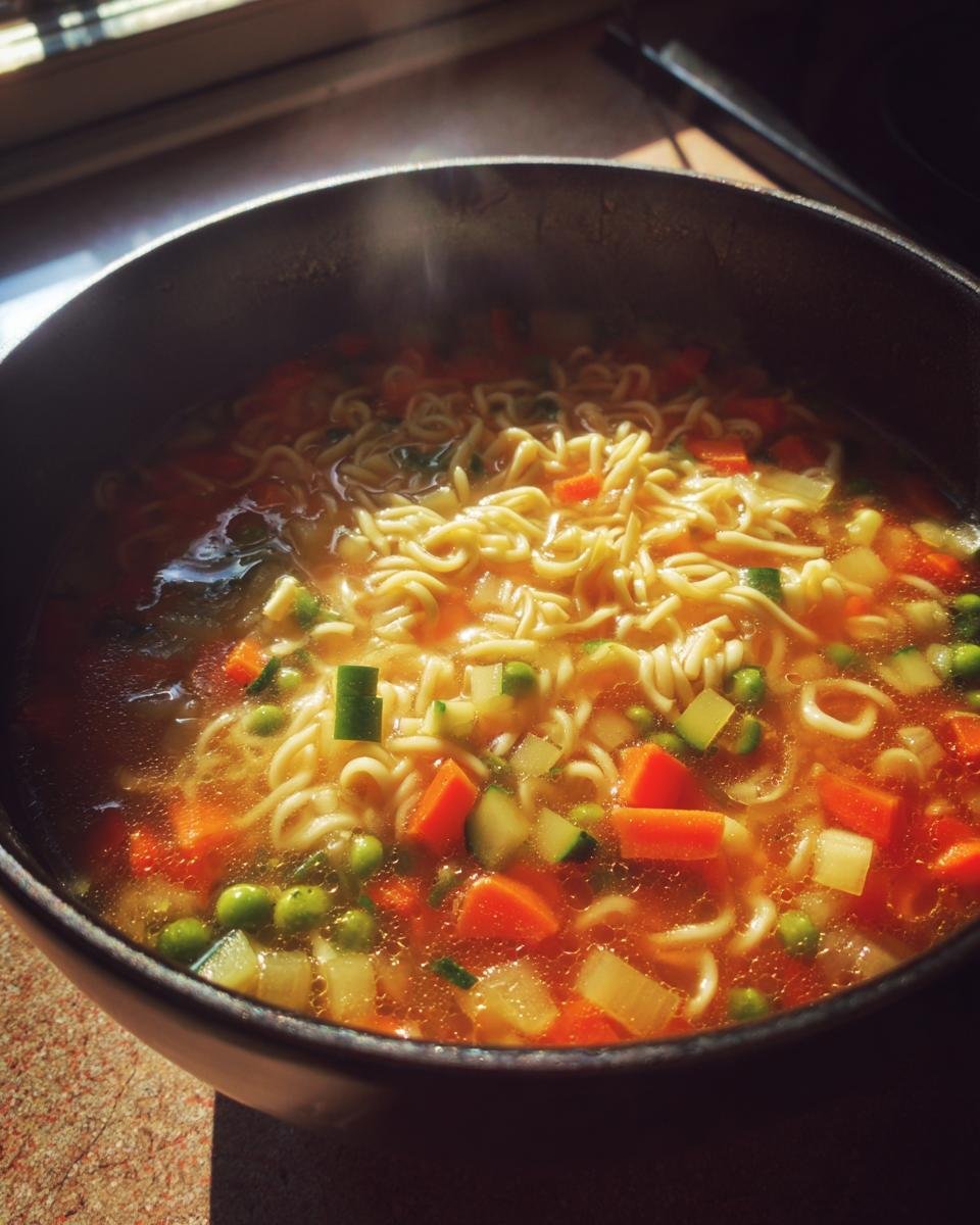 Nahaufnahme einer dampfenden Nudelsuppe mit Gemüse, bestehend aus Karotten, Erbsen und Zucchini in einer Brühe.