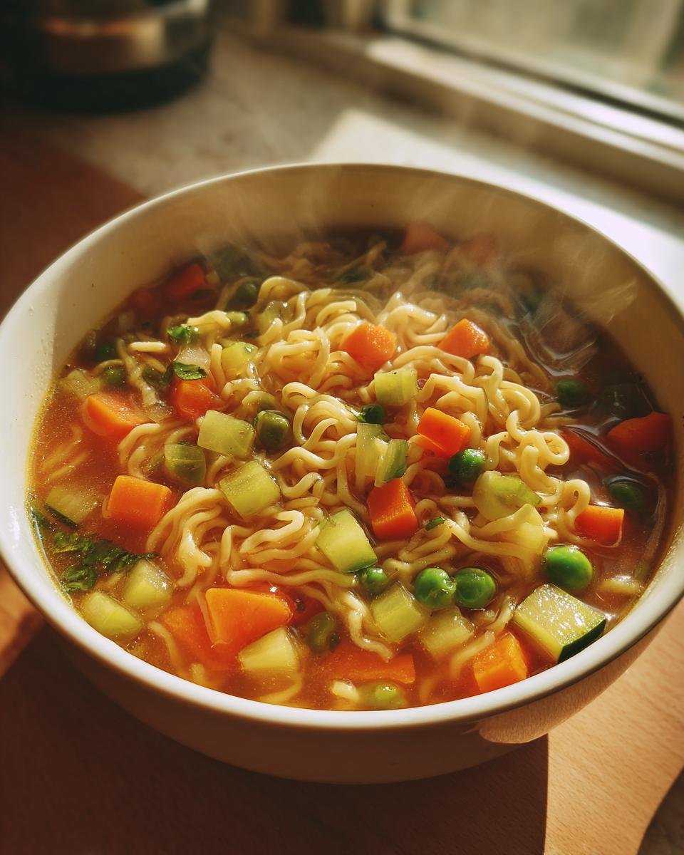 Nahaufnahme einer dampfenden Schüssel Nudelsuppe mit Gemüse, bestehend aus Nudeln, Karottenwürfeln, Erbsen und Sellerie.