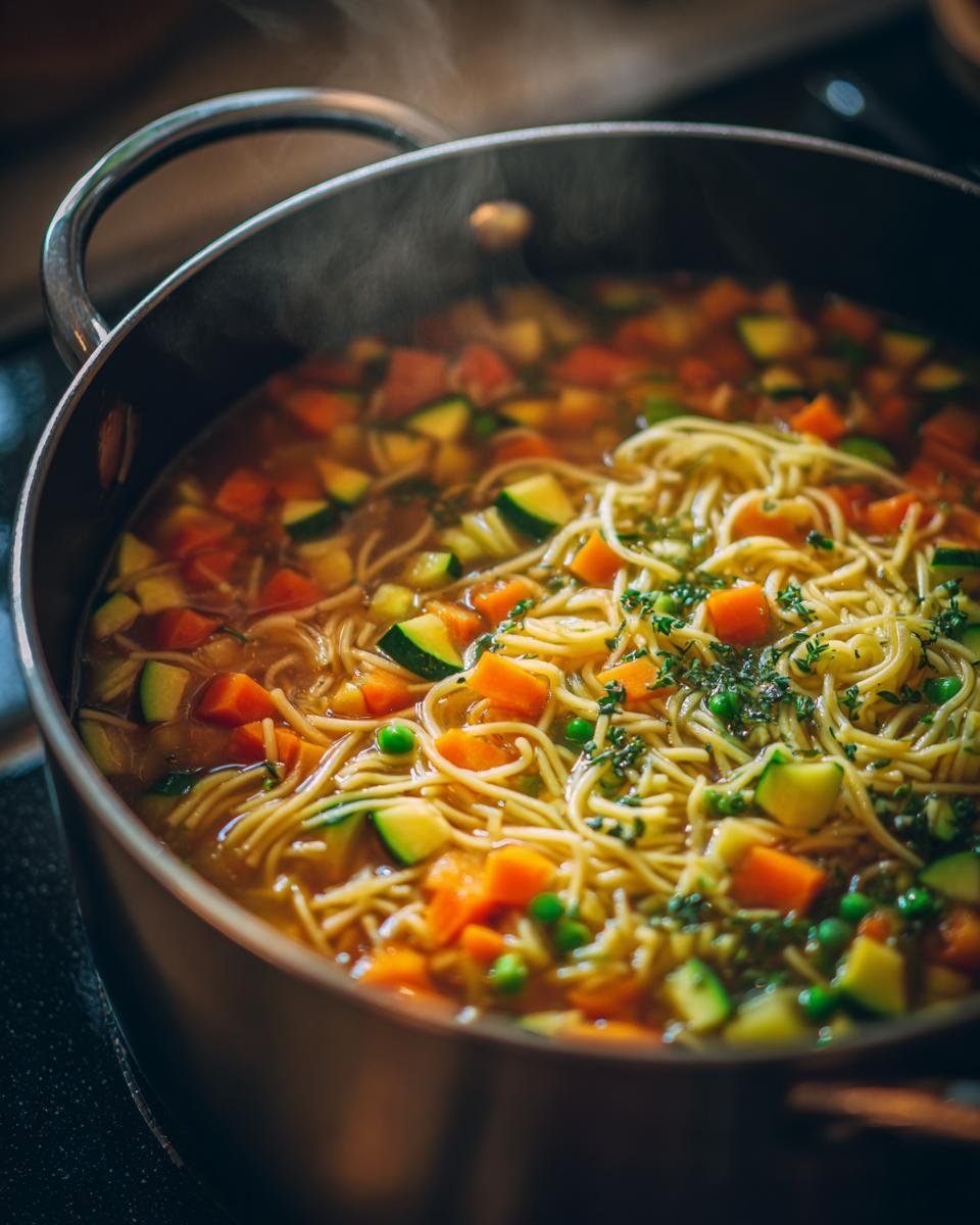 Nahaufnahme einer dampfenden Nudelsuppe mit Gemüse (Karotten, Zucchini, Erbsen) und Fadennudeln im Kochtopf.