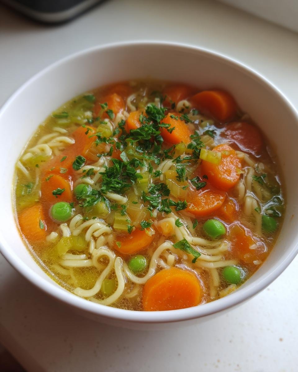 Nahaufnahme einer Schüssel Nudelsuppe mit Gemüse, reichlich Karottenscheiben, Erbsen und frischer Petersilie.