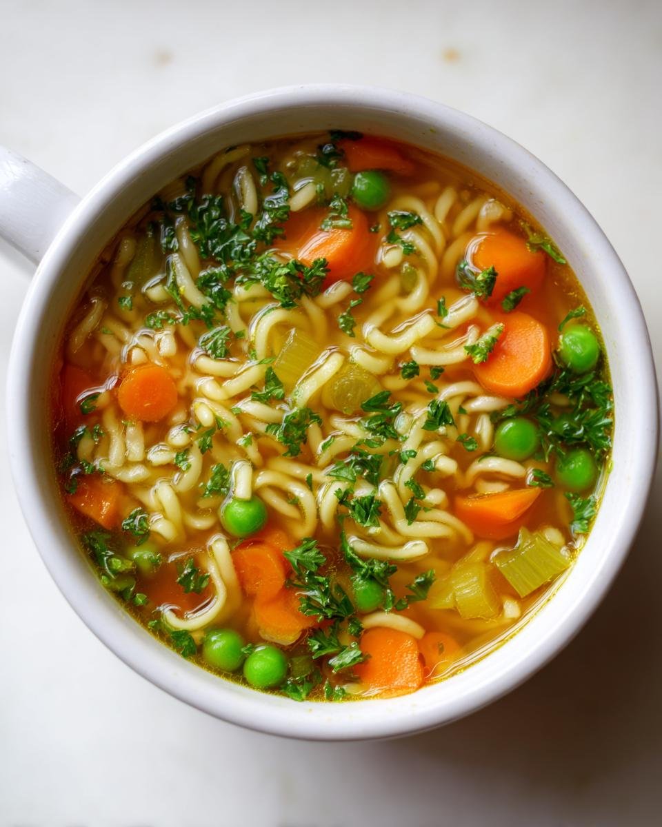 Nahaufnahme einer weißen Schüssel mit heißer Nudelsuppe mit Gemüse, Karotten, Erbsen und Petersilie.