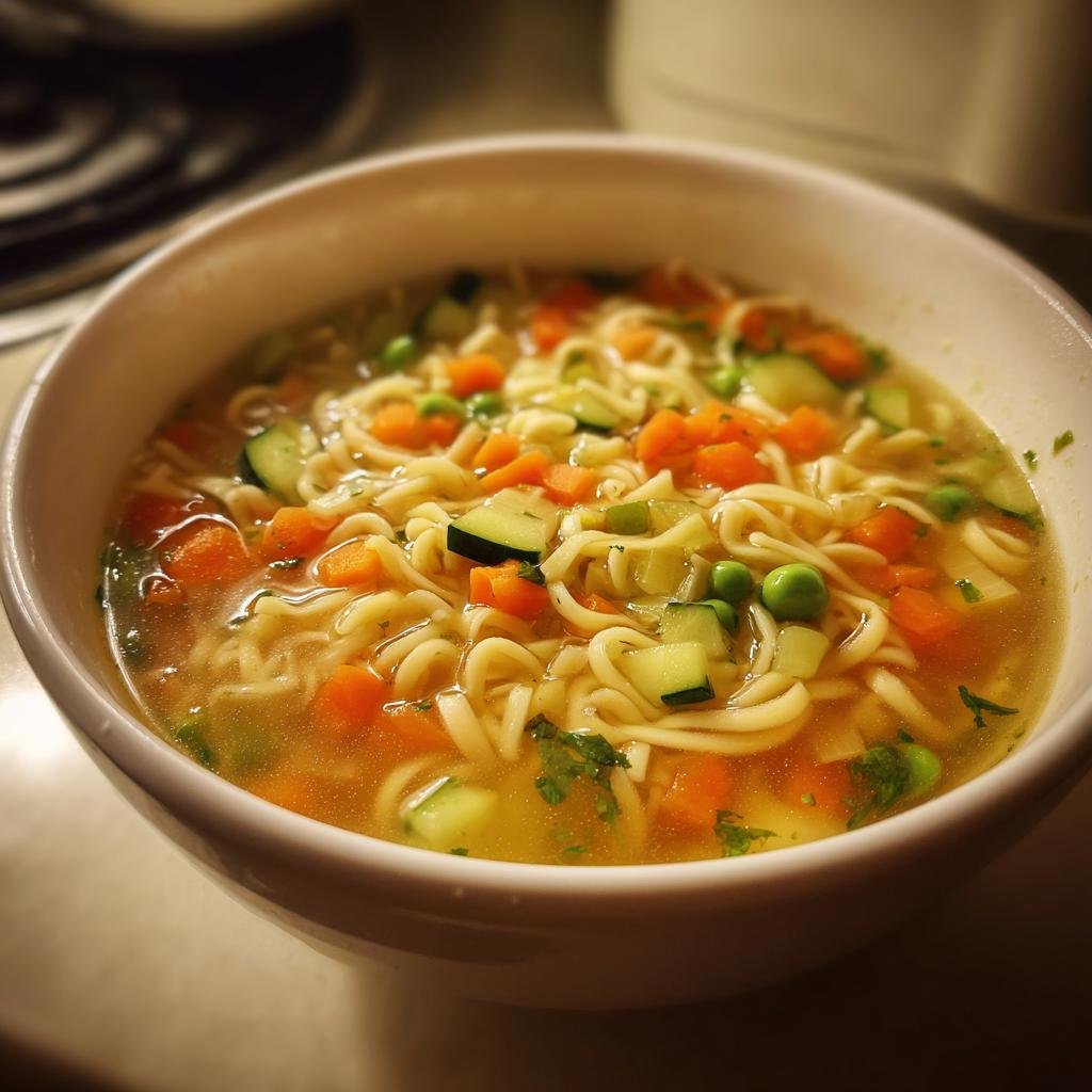 Eine Schüssel dampfender Nudelsuppe mit Gemüse, darunter Karotten, Zucchini und Erbsen, die das Gericht Nudelsuppe mit Gemüse perfekt präsentiert.