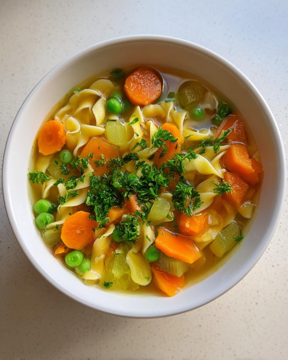 Eine Schüssel mit hausgemachter Nudelsuppe mit Gemüse, Karotten, Erbsen und Petersilie.