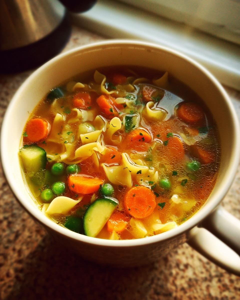 Eine dampfende Tasse Nudelsuppe mit Gemüse, Karotten, Erbsen und Nudeln in einer klaren Brühe.