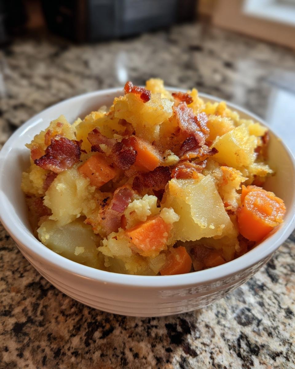 Nahaufnahme von Omas leckerer Steckrüben Eintopf mit Kartoffeln, Karottenstücken und knusprigem Speck.