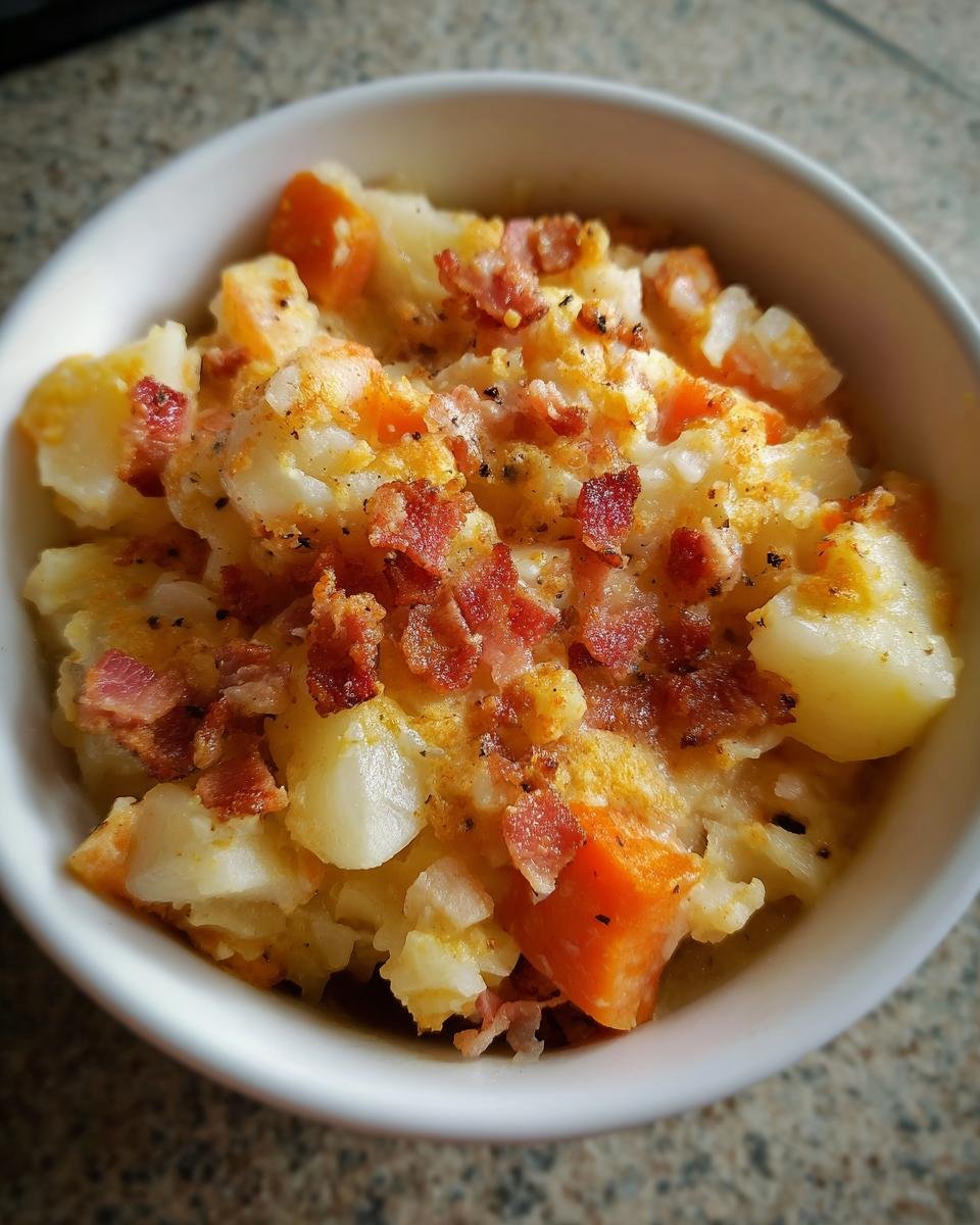 Nahaufnahme von Omas leckerer Steckrüben Eintopf mit Kartoffelstücken, Karotten und knusprigem Speck.