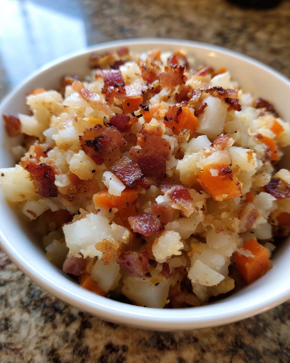 Nahaufnahme von Omas leckerer Steckrüben Eintopf mit gewürfelten Rüben, Karotten und knusprigem Speck.