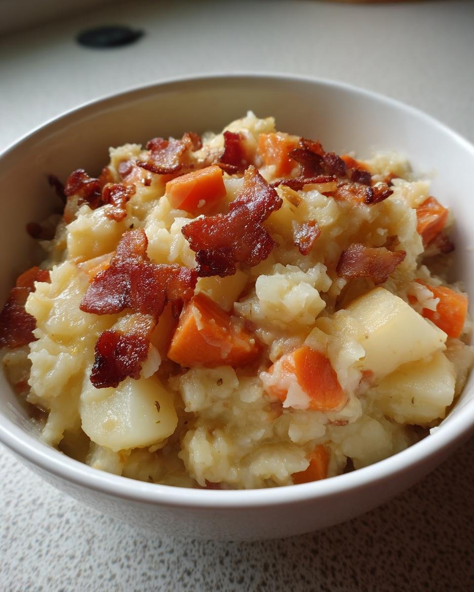 Nahaufnahme von Omas leckerer Steckrüben Eintopf mit Kartoffelstücken, Karotten und knusprigem Speck.