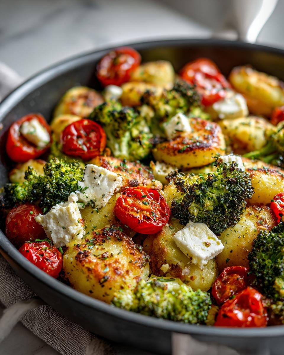 Nahaufnahme von gebratenen Onepan Brokkoli Schupfnudeln mit Brokkoli, Kirschtomaten und Hirtenkäse in einer Pfanne.