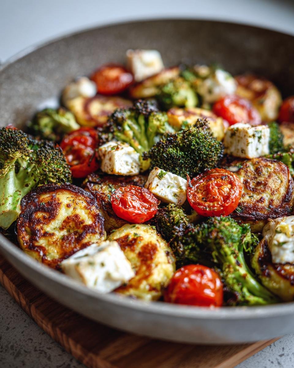 Nahaufnahme von gebratenen Onepan Brokkoli Schupfnudeln mit Hirtenkäsewürfeln und gerösteten Kirschtomaten in einer Pfanne.