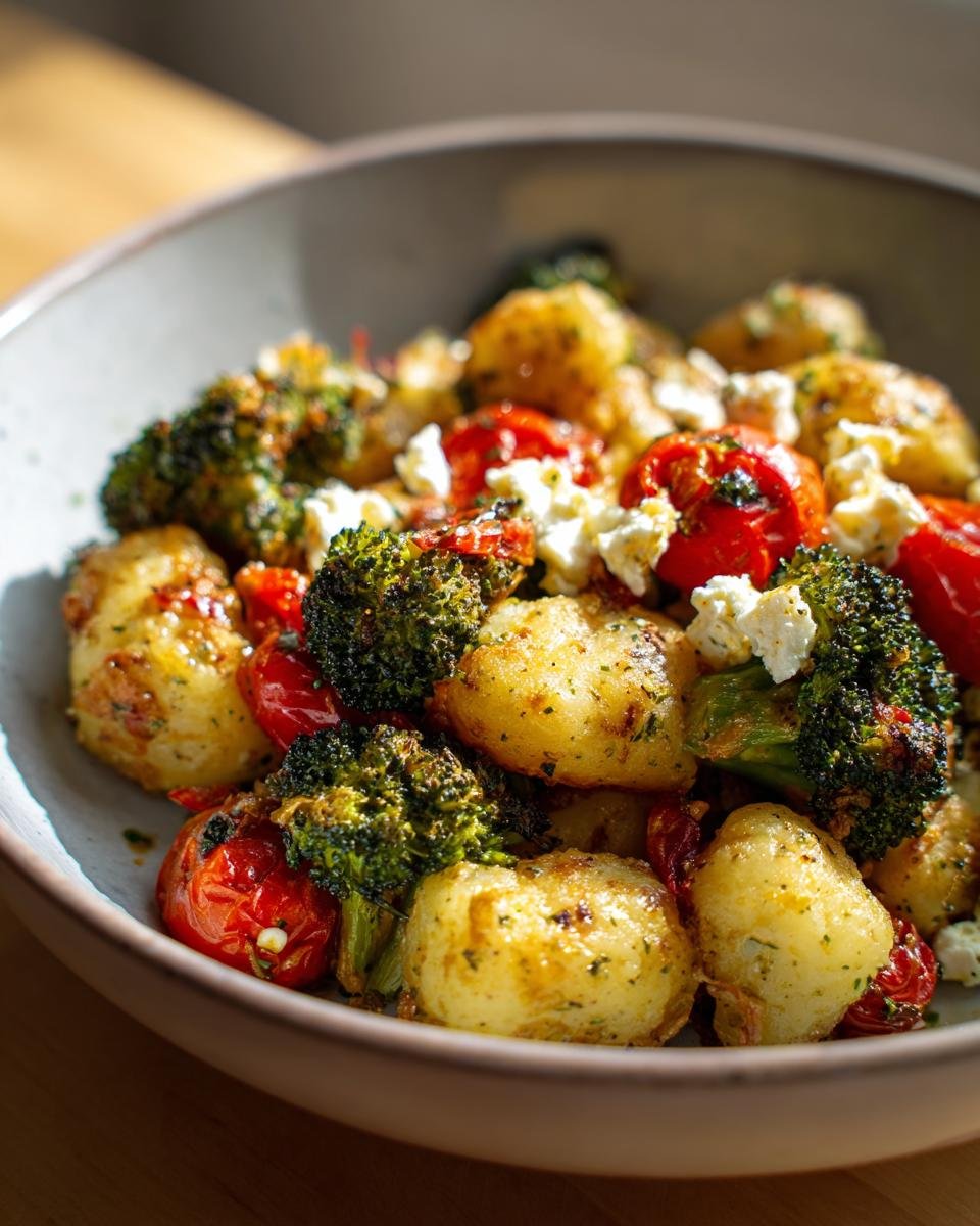 Nahaufnahme von Onepan Brokkoli Schupfnudeln mit gebratenem Brokkoli, Kirschtomaten und zerbröseltem Hirtenkäse.