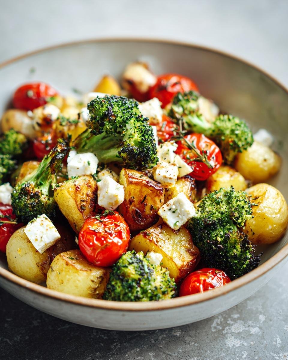 Nahaufnahme von Onepan Brokkoli Schupfnudeln mit Hirtenkäse, gerösteten Kartoffeln und Kirschtomaten in einer Schüssel.