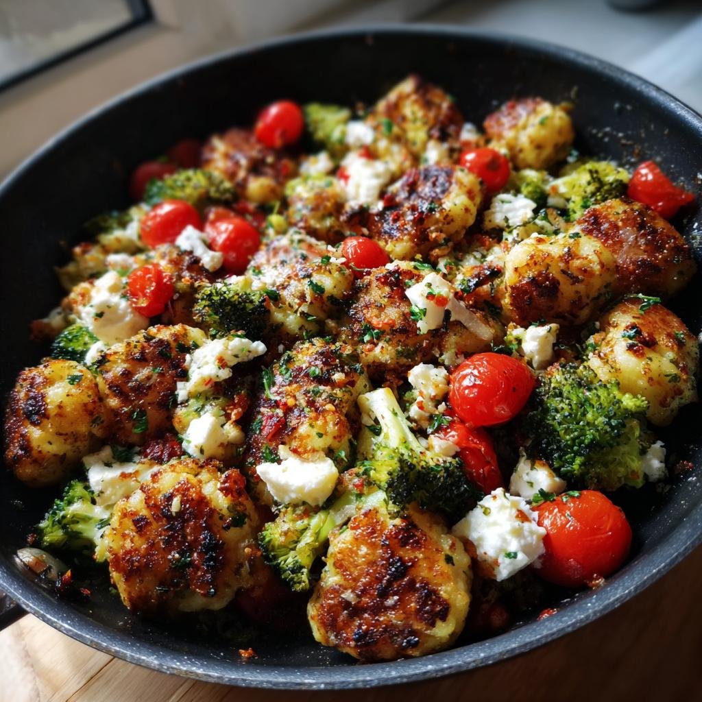 Nahaufnahme von gebratenen Onepan Brokkoli Schupfnudeln mit Kirschtomaten und Hirtenkäse in einer Pfanne.