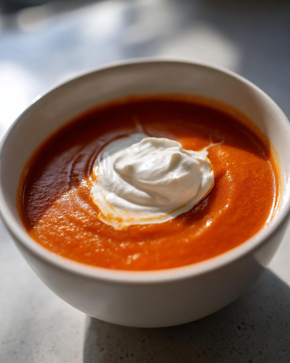 Eine Schüssel leuchtend oranger Suppe, gekrönt mit einem großen Klecks weißem Sauerrahm. Das Gericht ist so gut, dass man es "Das konnte ich jede Woche essen" nennen könnte.