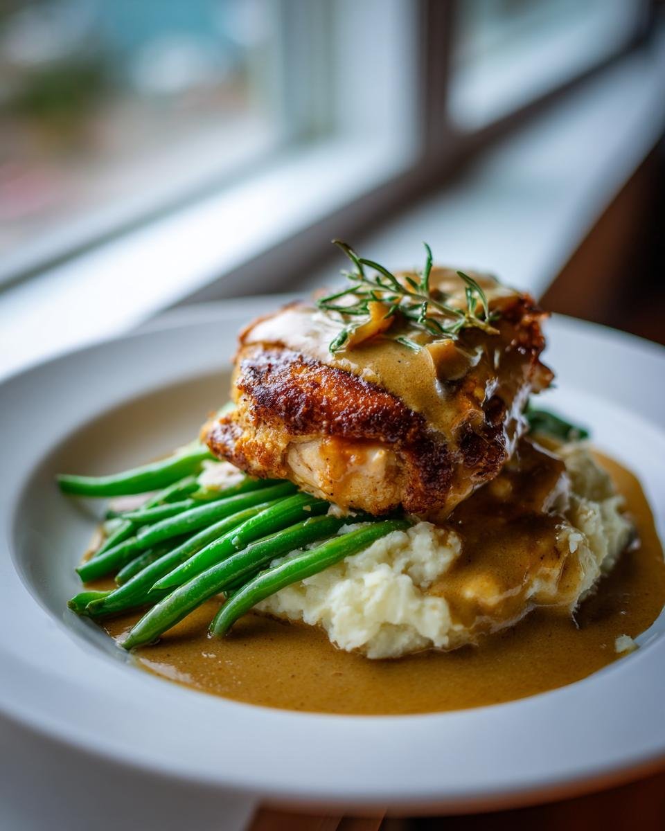 Fertiges Parmesan Butter Hähnchen mit Kartoffelpüree und grünen Bohnen, übergossen mit Sauce.
