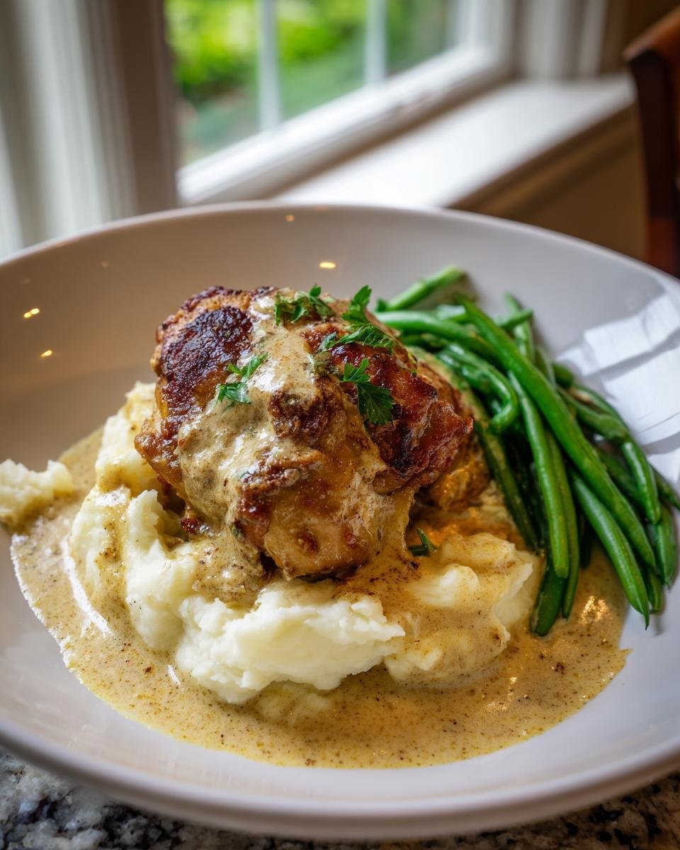 Gebratenes Parmesan Butter Hähnchen mit cremiger Soße auf Kartoffelpüree und grünen Bohnen.