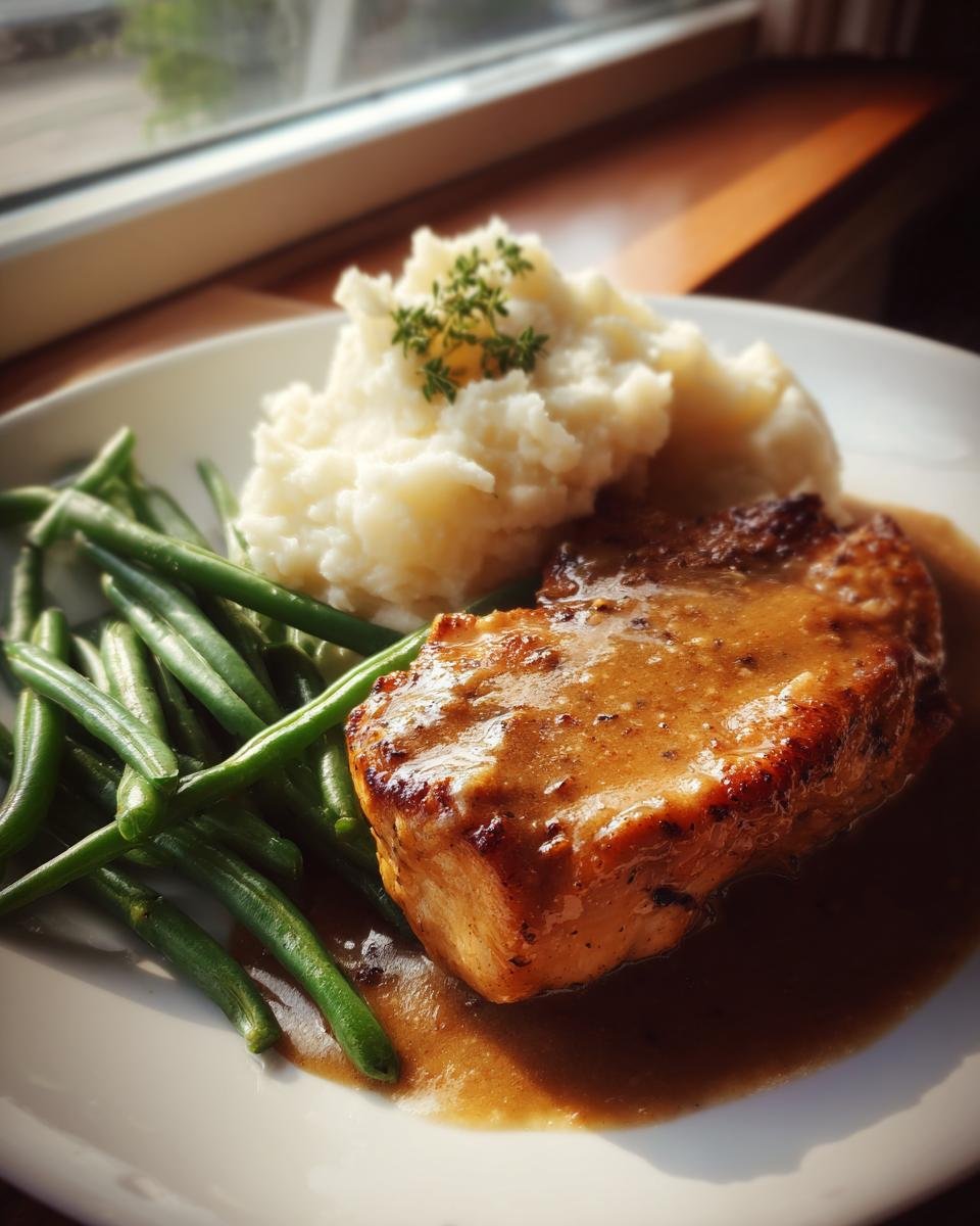 Gebratenes Parmesan Butter Hähnchen mit cremiger Kartoffelpüree und grünen Bohnen auf einem Teller.
