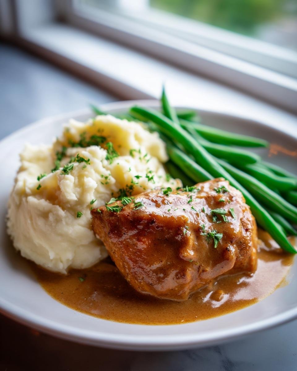 Fertiges Parmesan Butter Hähnchen mit cremigem Kartoffelpüree und grünen Bohnen auf einem Teller.