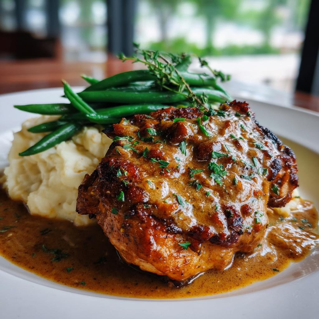 Ein Teller mit saftigem Parmesan Butter Hähnchen mit Kartoffelpüree, grünen Bohnen und reichlich Soße.