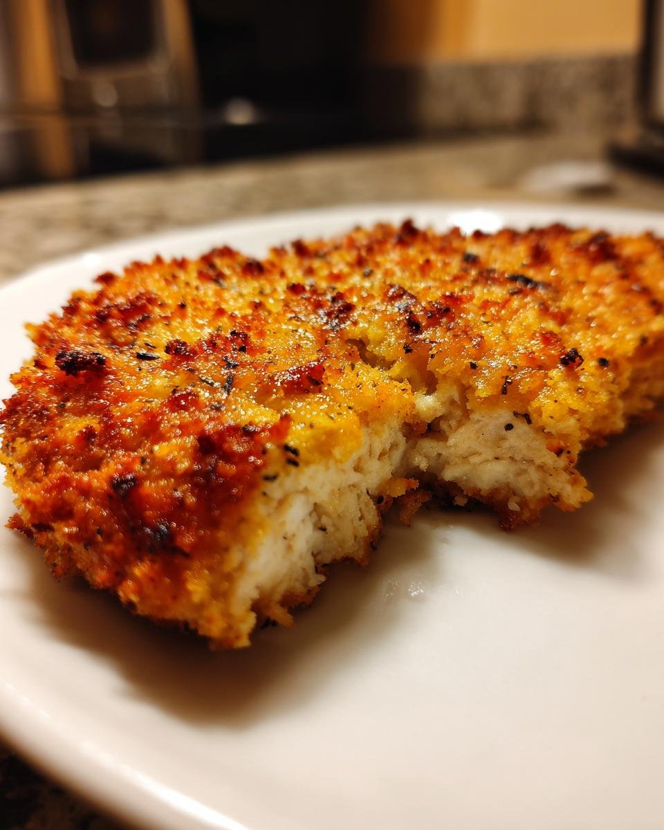 Nahaufnahme eines goldbraun gebackenen Parmesan Hähnchen Rezept Stücks mit knuspriger Kruste und saftigem Inneren.