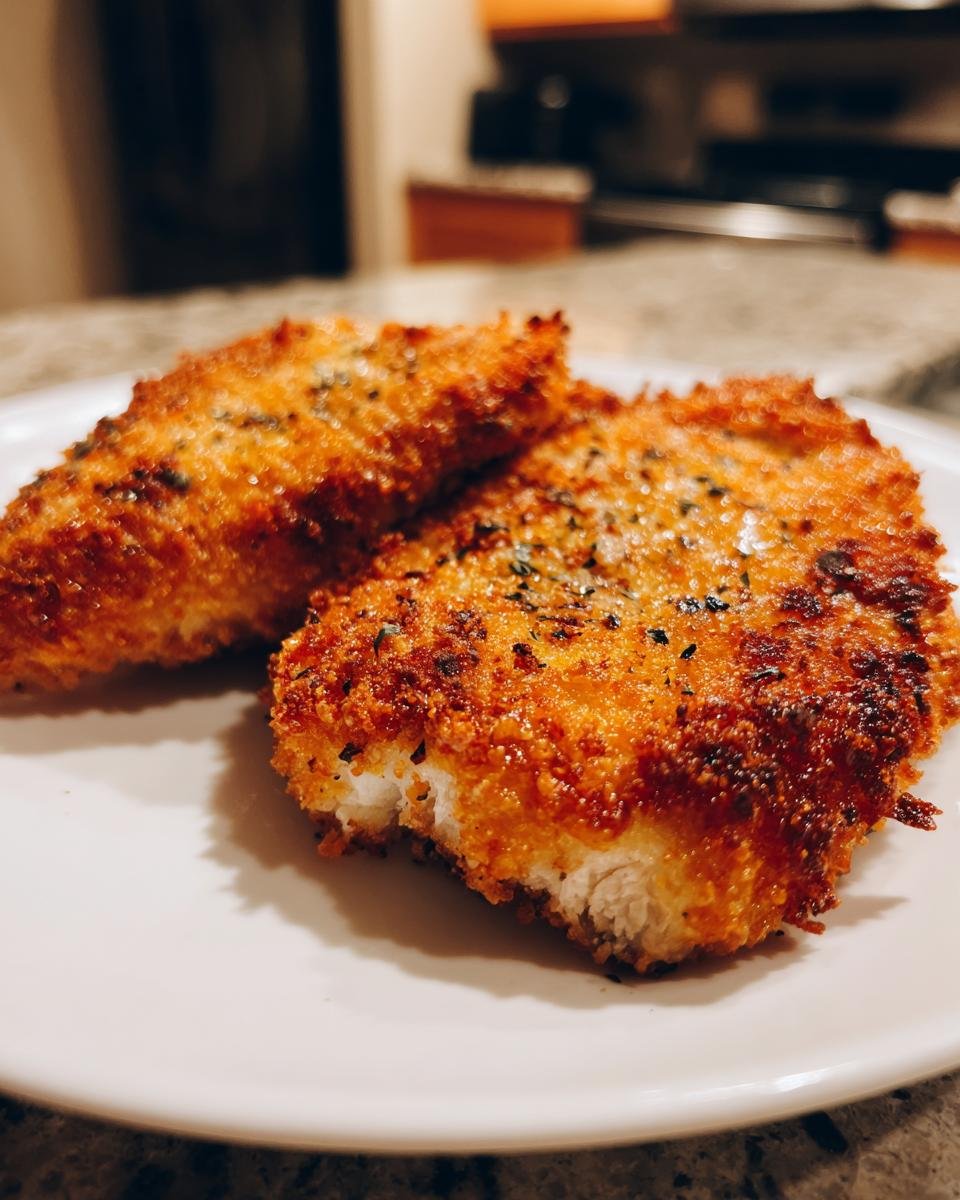 Zwei goldbraun panierte Hähnchenstücke, innen saftig, von unserem Parmesan Hähnchen Rezept.