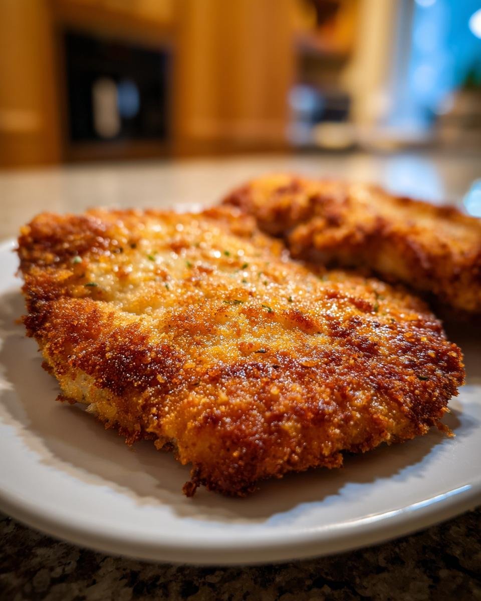 Nahaufnahme von paniertem und goldbraun gebratenem Parmesan Hähnchen Rezept auf einem weißen Teller.