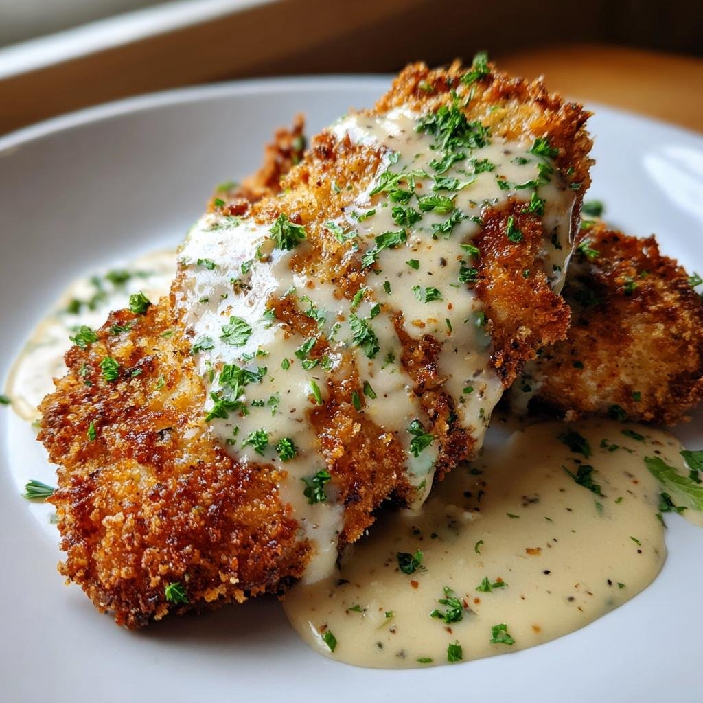 Zwei Stücke Parmesan-paniertes Hähnchen mit cremiger Knoblauchsauce und Petersilie.