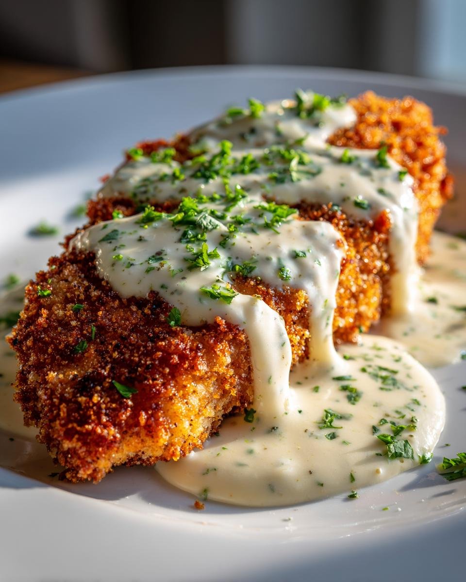 Drei Stücke Parmesan-paniertes Hähnchen mit cremiger Knoblauchsauce und Petersilie auf einem weißen Teller.
