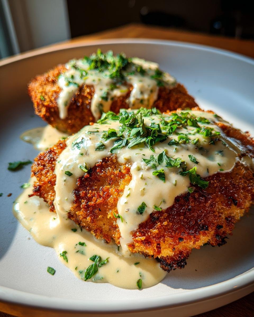Zwei goldbraun panierte Hähnchenstücke übergossen mit cremiger Knoblauchsauce und Petersilie: Parmesan-paniertes Hähnchen.