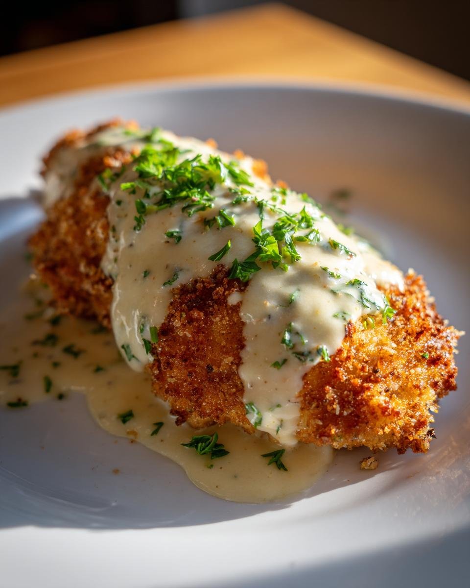 Goldbraun paniertes Hähnchenfilet bedeckt mit cremiger Knoblauchsauce und frischer Petersilie – Parmesan-paniertes Hähnchen.