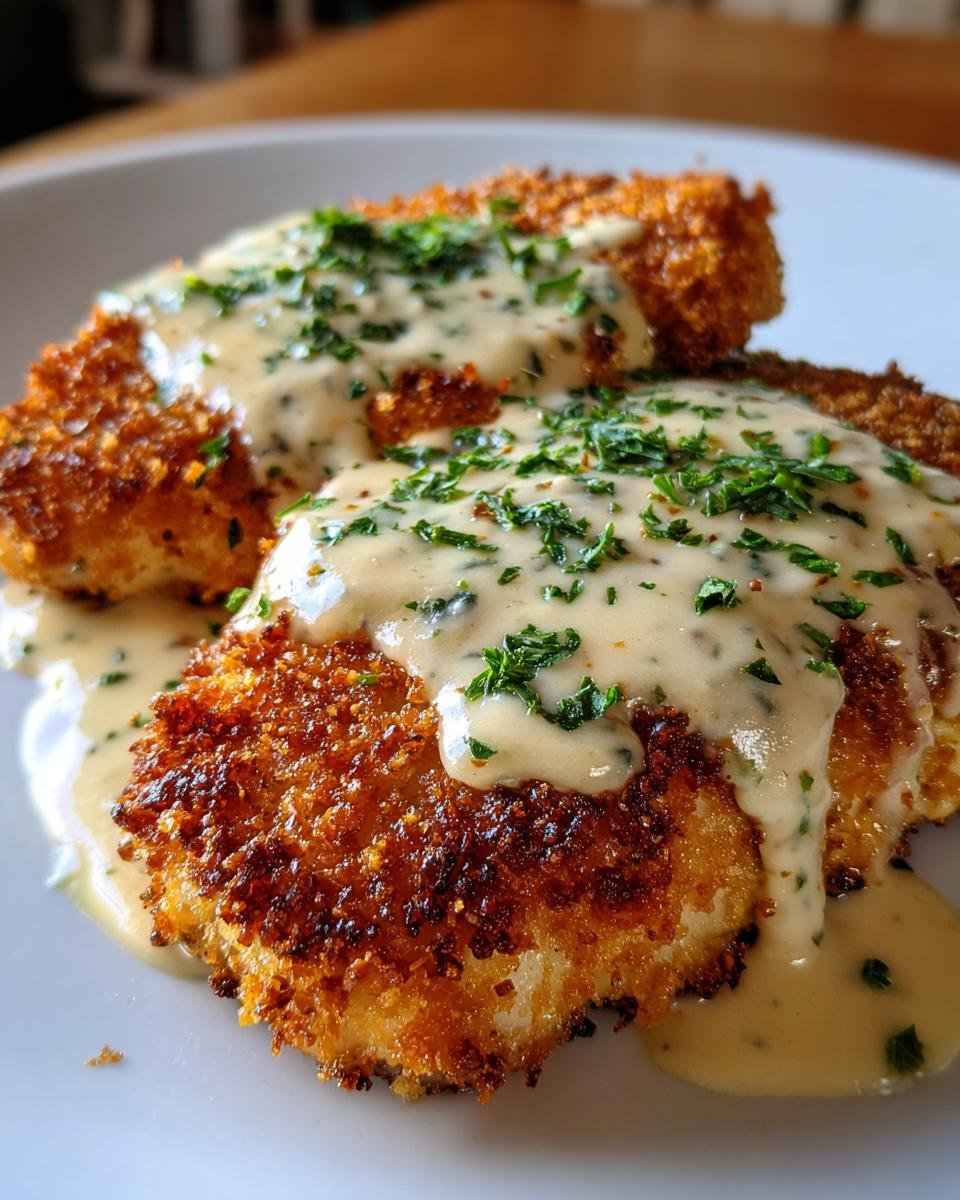 Zwei Stücke Parmesan-paniertes Hähnchen mit cremiger Knoblauchsauce und Petersilie.