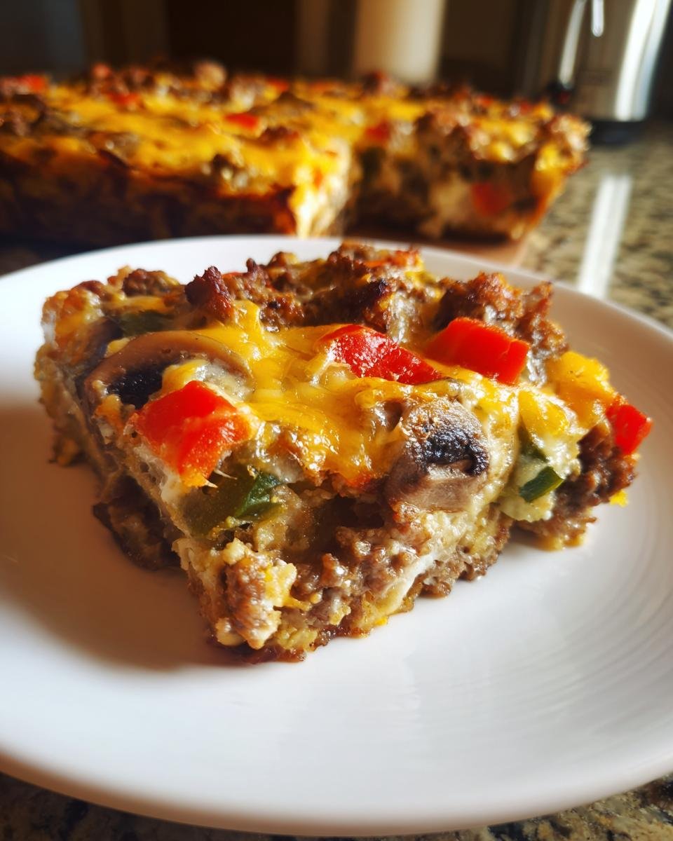 Ein Stück Party Pfundstopf aus dem Ofen mit Hackfleisch, Pilzen, Paprika und geschmolzenem Käse auf einem weißen Teller.