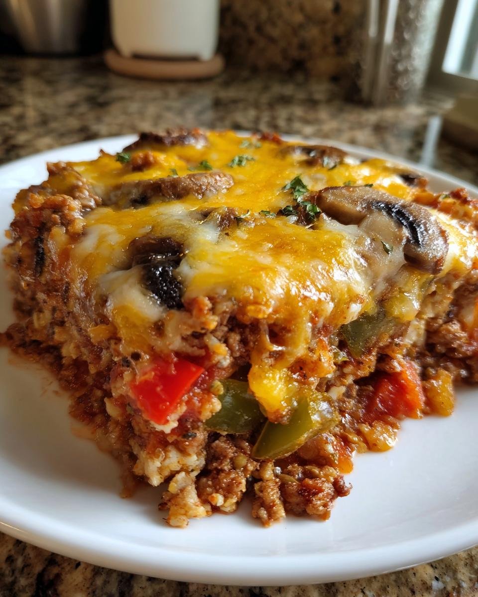 Nahaufnahme eines Stücks Party Pfundstopf aus dem Ofen mit geschmolzenem Käse und Pilzen.