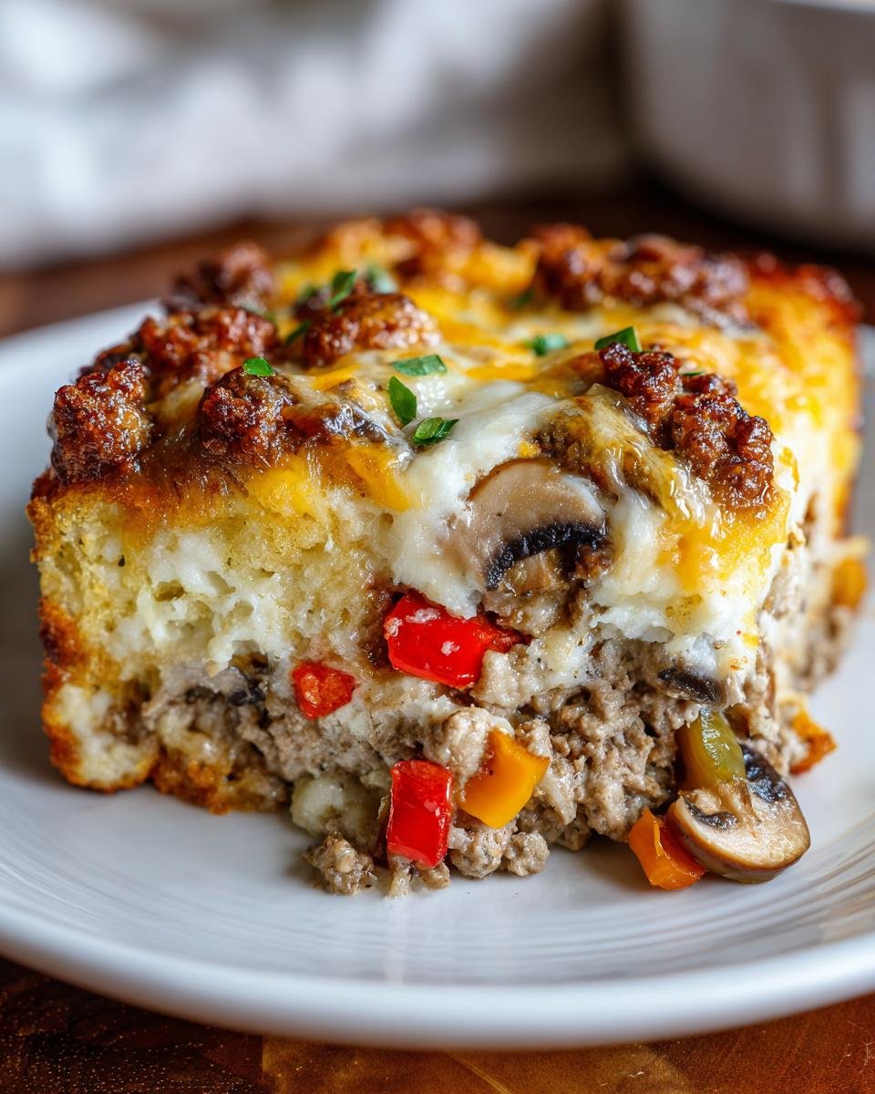 Nahaufnahme eines Stücks Party Pfundstopf aus dem Ofen mit Hackfleisch, Käse, Pilzen und Paprika auf einem weißen Teller.