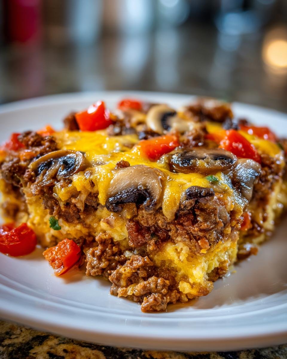 Nahaufnahme eines Stücks Party Pfundstopf aus dem Ofen mit Hackfleisch, geschmolzenem Käse, Pilzen und Tomaten.