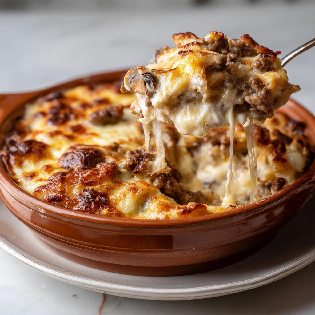 Ein Löffel voll Party Schlemmertopf mit Hackfleisch, bedeckt mit geschmolzenem Käse, wird aus einer Auflaufform gezogen.