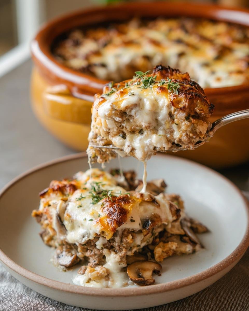 Eine Portion Party Schlemmertopf mit Hackfleisch wird mit einer Gabel aus dem Auflauf gehoben, überbacken mit Käse.