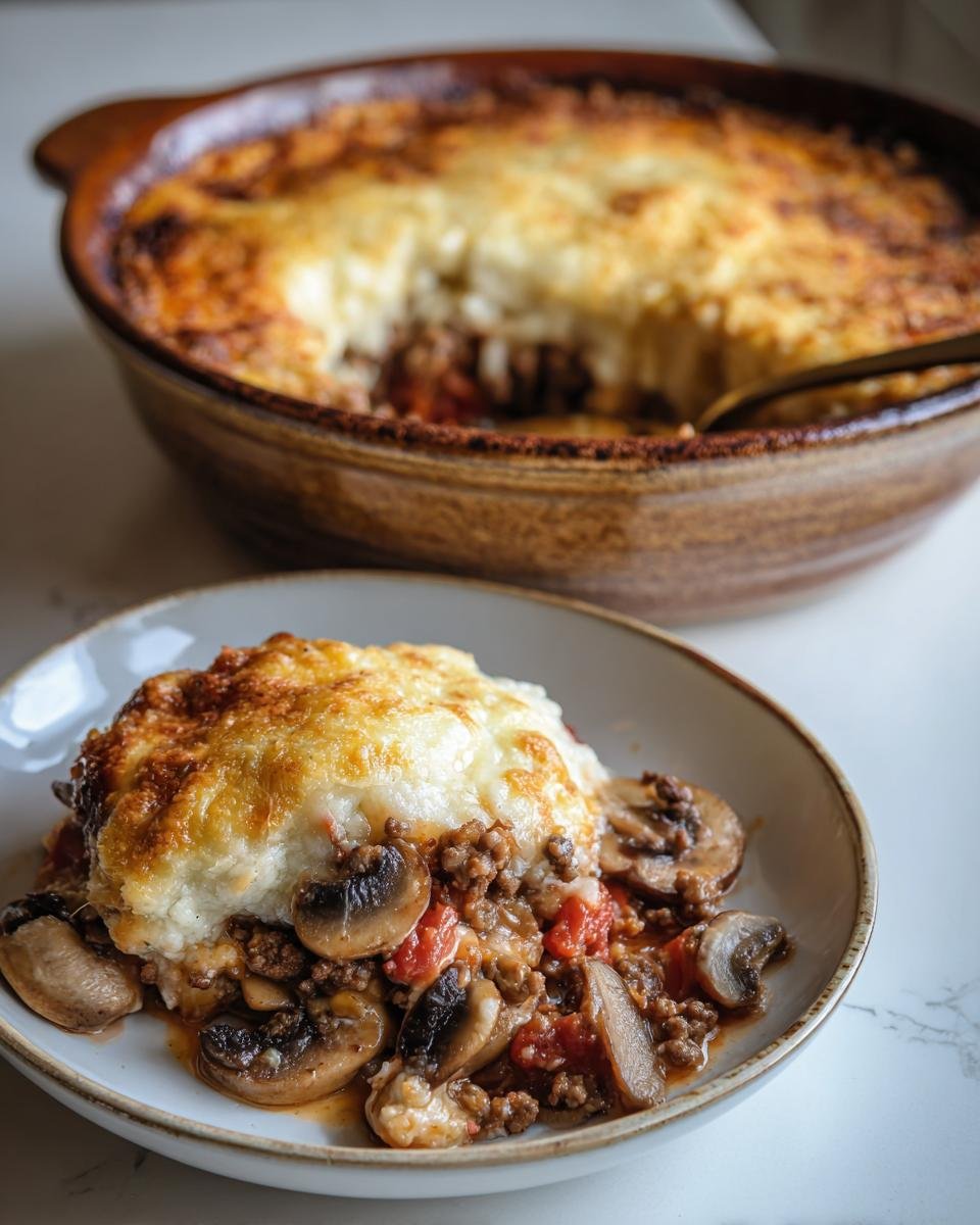 Servierter Teller mit Party Schlemmertopf mit Hackfleisch, bedeckt mit überbackenem Käse und Pilzen.