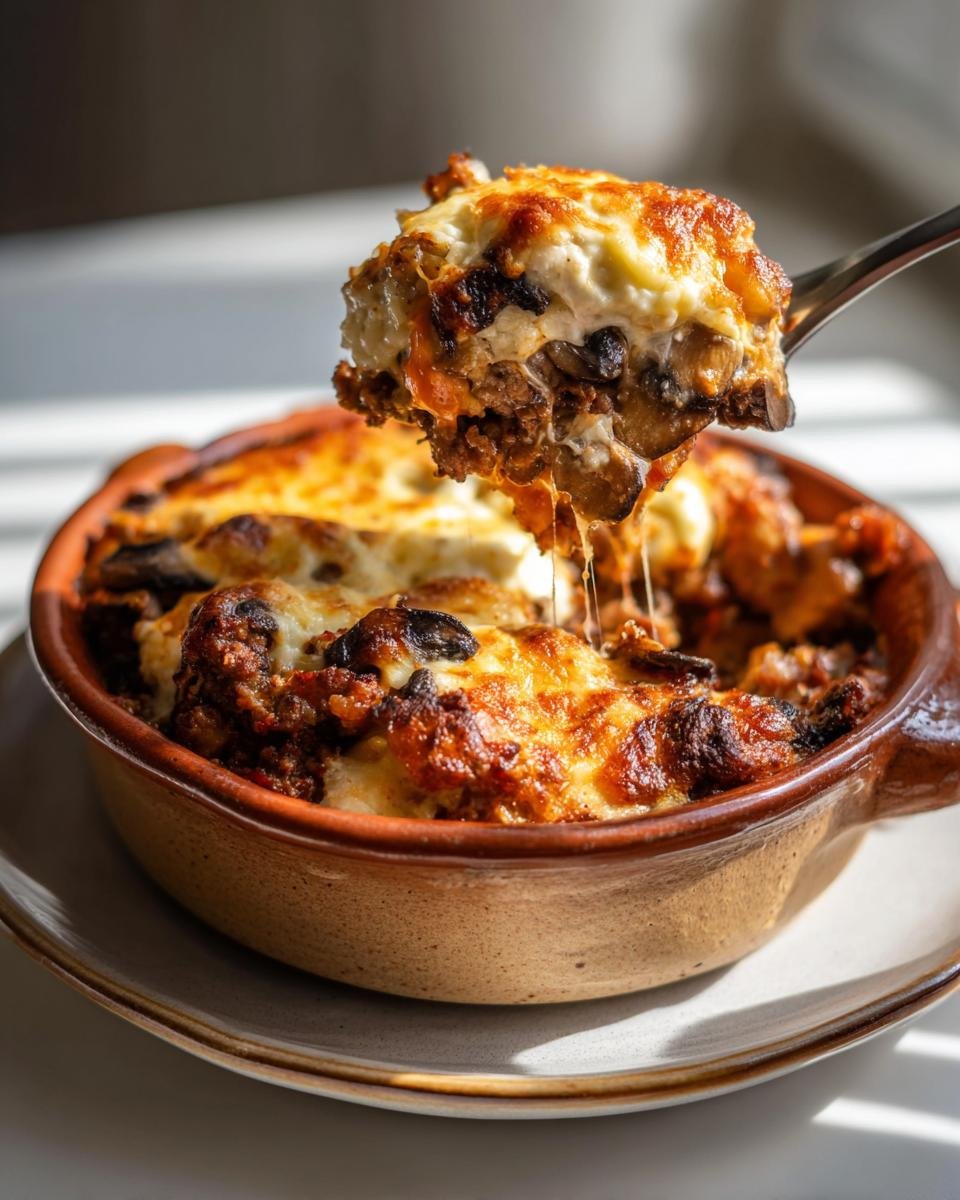 Eine Portion Party Schlemmertopf mit Hackfleisch wird mit einer Gabel aus einem Tontopf gehoben, mit geschmolzenem Käse.