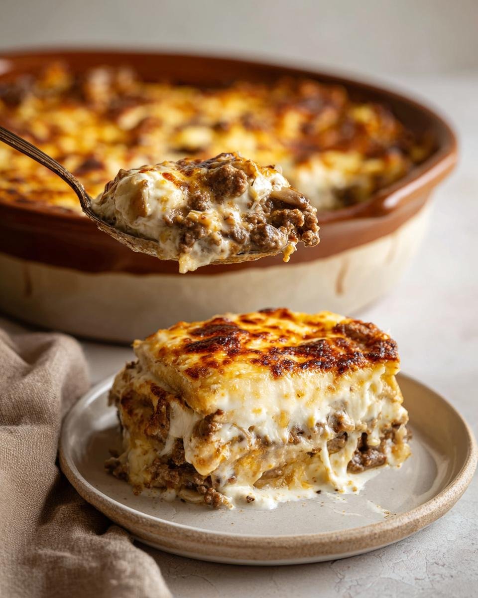 Ein Stück Party Schlemmertopf mit Hackfleisch mit überbackener Käsekruste auf einem Teller, während eine Löffelportion angehoben wird.